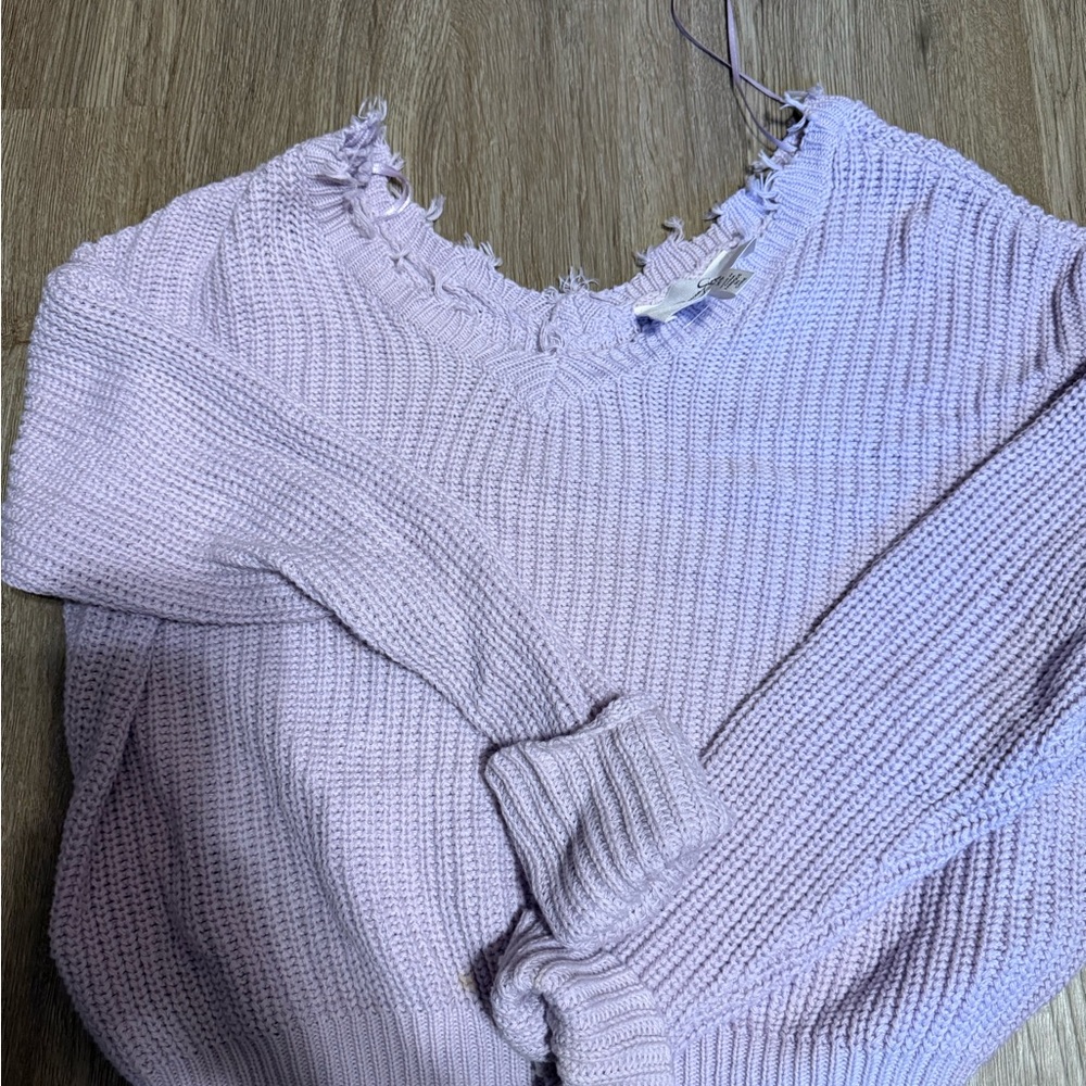 Jessica Simpson Light Lavender Distressed V-Neck Sweater